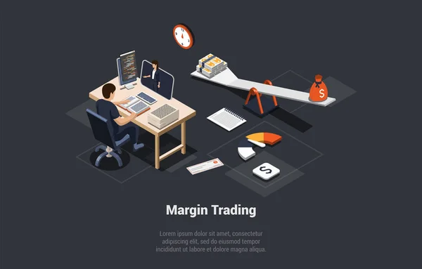 Margin Trading Kockázatok Nyereség Koncepció Man Trader Tette Nyereséges Foglalkozik — Stock Vector