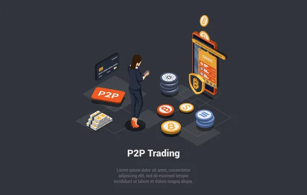 P2P ピアツーピアオンラインプラットフォーム暗号通貨 金融技術コンセプトを交換するためのものです 女性は預金契約を締結 電子マネーを投資 ローンへの投資 アイソメトリック3Dベクトルイラスト — ストックベクタ