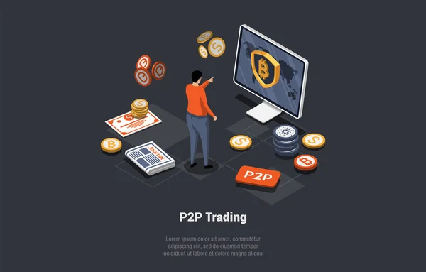 P2P Peer Peer Online Platform Exchanging Cryptocurrency Financial Technology Concept — Vetor de Stock