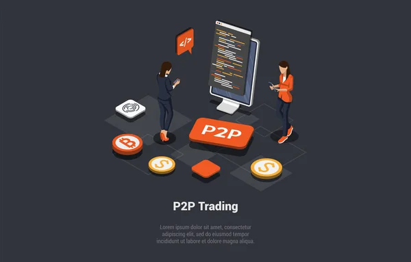 P2P Peer Peer Online Platform Exchanging Cryptocurrency Financial Technology Concept — Stock Vector