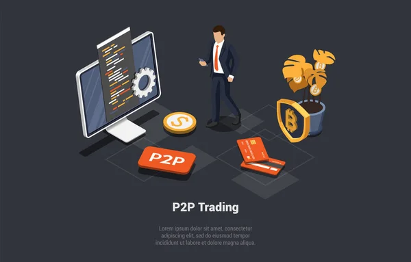 P2P Peer Peer Plateforme Ligne Pour Échange Crypto Monnaie Concept — Image vectorielle