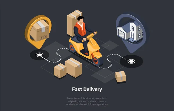 Mobile Application Online Courier Delivery Home Office Service Male Character — Image vectorielle