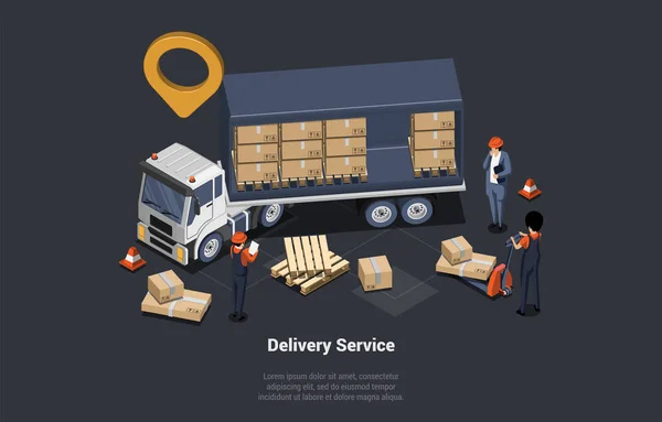 Service Livraison Camion Logistique Mondiale Affaires Transport Terrestre Fret Travailleurs — Image vectorielle