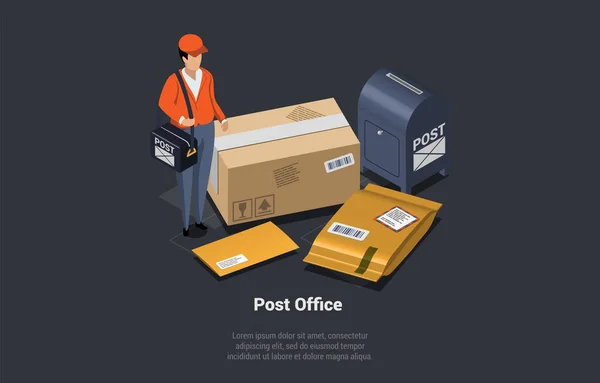 Postarbeit Und Kurierzustellung Kunde Bekommt Und Sendet Paket Postbote Uniform — Stockvektor