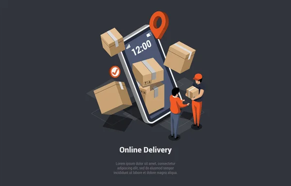 Mobile Application Online Courier Delivery Home Office Service Concept Courier — стоковый вектор