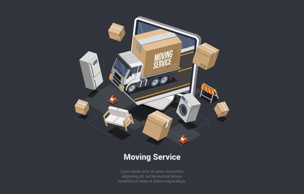 Online Moving House Service Concept Cardboard Boxes Various Household Items — стоковый вектор