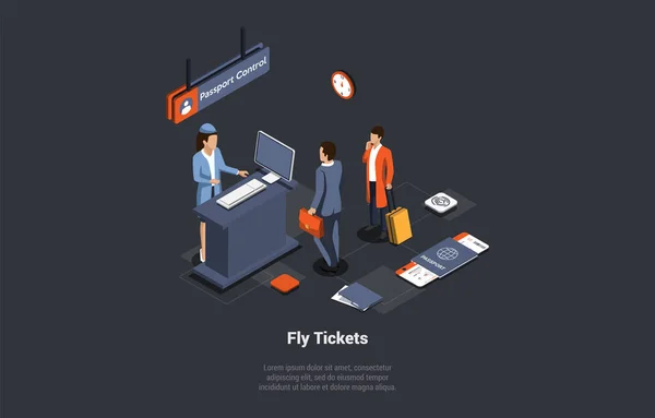 Uçak Konseptiyle Uçuş Biletleri Alım Seyahat Pasaport Kontrol Masasında Bekleyen — Stok Vektör