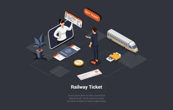 Compra Línea Billetes Tren Aplicación Móvil Viajar Por Concepto Tren — Archivo Imágenes Vectoriales