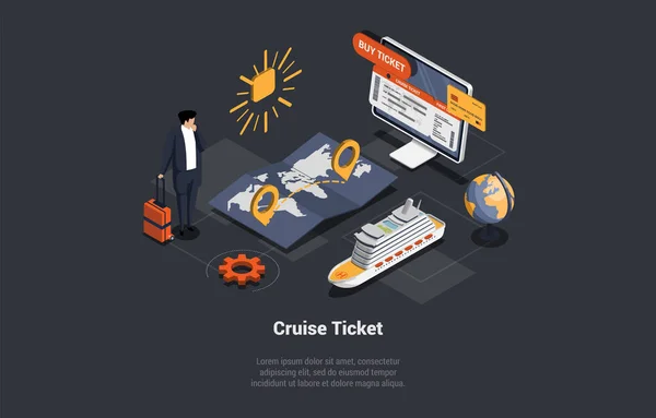 Online Cruise Biljetter Köp Resa Med Liner Koncept Pojke Med — Stock vektor