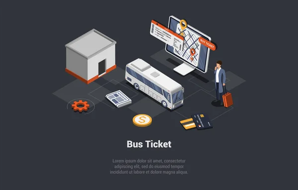 stock vector Online Tickets Buy App And Public Transport Concept. Male Character Searching For Bus Ticket On The Internet. Man Buy Tickets Online On City Bus On Bus Stop. Isometric Cartoon 3d Vector Illustration.