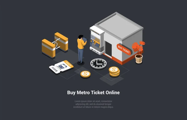 地铁票务网上购物概念 旅客在自动售货机或售票机购买车票 人物性格在地铁门自动关卡进入地下 等距3D矢量说明 — 图库矢量图片