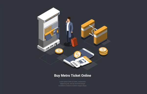 Metro Ticket Online Kaufkonzept Der Passagier Kauft Sein Ticket Automaten — Stockvektor
