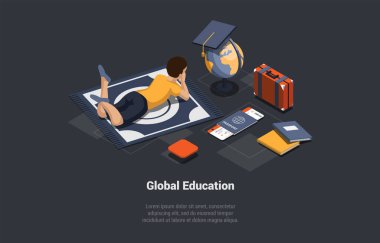 Küresel Eğitim ve Çevrimiçi Öğrenme Konsepti. Erkek öğrenci sınavı geçti ve tatillere gitti. Adam halıya uzanıp mezuniyet şapkasıyla dünyayı seyrediyor. Isometric 3d Çizgi film Vektörü İllüstrasyonu.