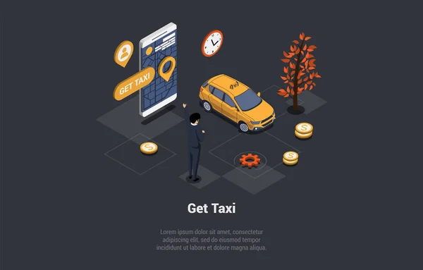 Taxi Order Service Concept Teléfono Móvil Con Aplicación Taxi Mapa — Archivo Imágenes Vectoriales