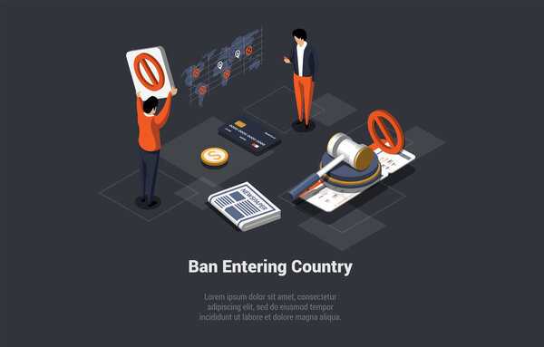 Nationality Deprivation, Cancellation Visa And Trip, Character With Ban on Entering Country. Economic, Political Sanctions Imposed on Russia and Individual Citizen. Isometric 3d Vector Illustration.