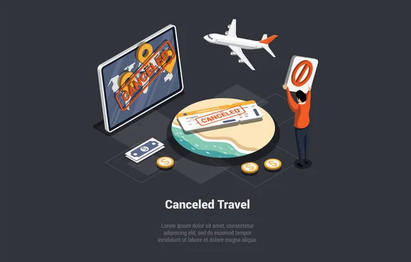チケット価格の補償 キャンセル便の払い戻しを受ける 休暇のために頭の上にキャンセルされたサインで乗客の抗議を混乱させました アイソメトリック3D漫画ベクトルイラスト — ストックベクタ