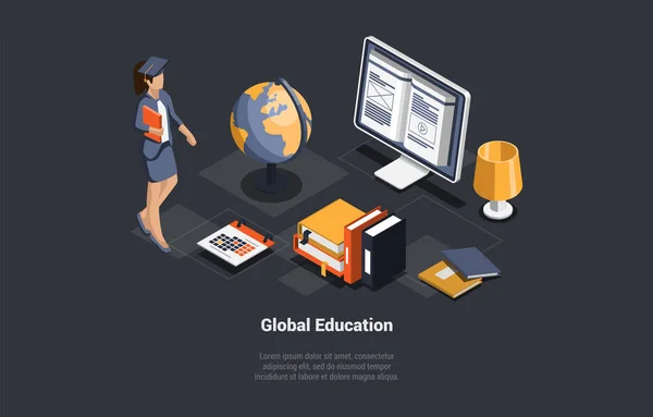 Educação Global Learning Online Estudante Tem Exame Curso Casa Escritório — Vetor de Stock