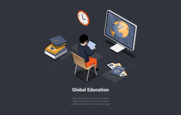 Global Education Online Learning Concept Personnage Étudiant Passé Examen Aller — Image vectorielle