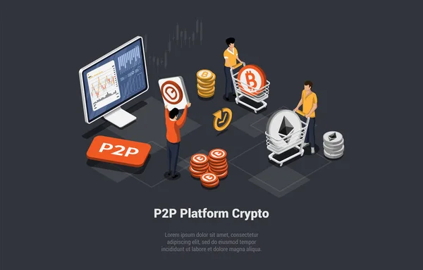 P2P Peer Para Peer Plataforma Line Para Troca Criptomoeda Conceito — Vetor de Stock