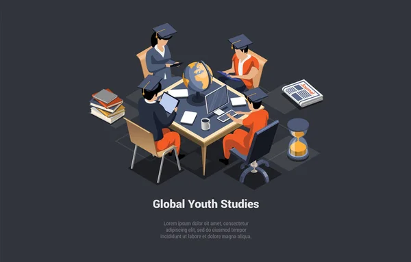 Programme Mondial Éducation Groupe Étudiants Assis Bureau Avec Des Tablettes — Image vectorielle
