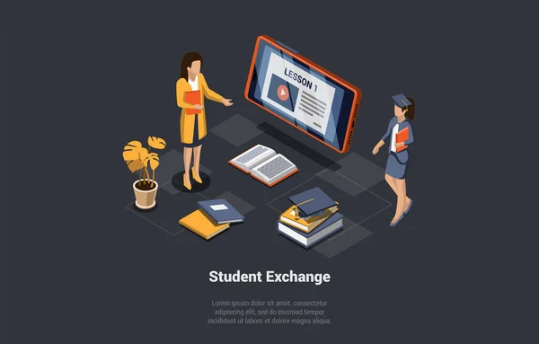 Programa Intercâmbio Estudantes Trabalho Viagens Girl Exchange Estudante Escolhendo País — Vetor de Stock