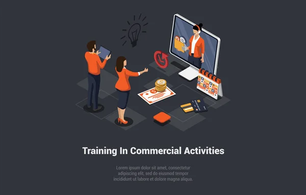 Training Commercial Activities Online Coach Speaking Audience Mentor Presents Data — Stock Vector