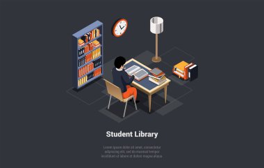 Eğitim ve Çevrimiçi Kütüphane. Masada kitap okuyan ya da ödev yapan bir erkek karakter öğrencisi. Kitaplık, kitap ve yer lambasıyla Modern Dijital Kütüphane İçi. Isometric 3d Vektör İllüstrasyonu.