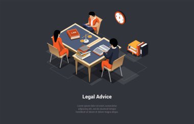 Hukuki Danışmanlık kavramı. Hukuk, Adalet ve Eşitlik, Profesyonel Davalar Rehberlik. Erkek Avukat, Hukuk Danışmanı Ofisteki Müşterilere Danışmanlık. Isometric 3d Çizgi film Vektörü İllüstrasyonu.