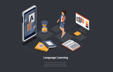 Dil öğrenme uygulaması, Çevrimiçi okulda yabancı dil öğrenme kursu. Kız Akıllı Telefon Ekranından Uzaktan Dil Öğrenme Servisini Kullan. Isometric 3d Vektör İllüstrasyonu.