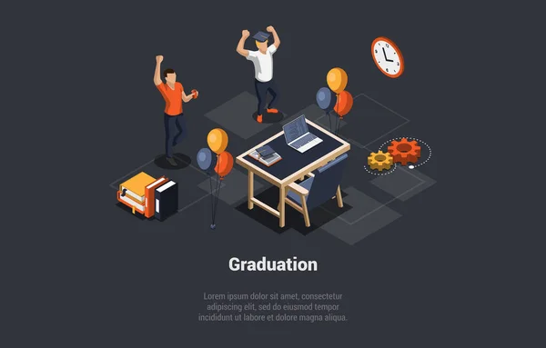 Concept Graduation End School University Courses Happy Students Celebrate Graduation — Stock Vector