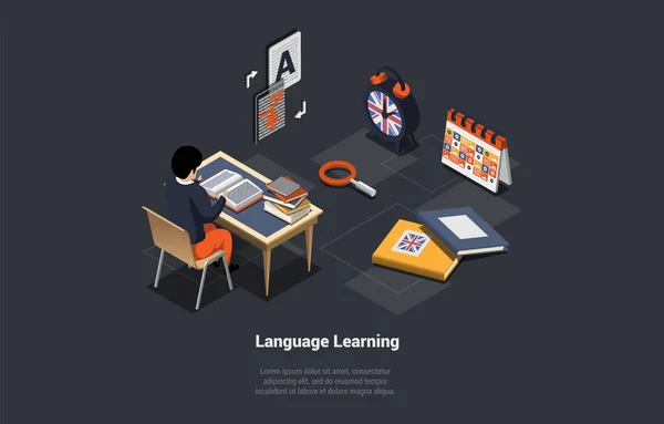 Language App Student Foreign Language Online School Sitting Desktop Персонаж — стоковый вектор