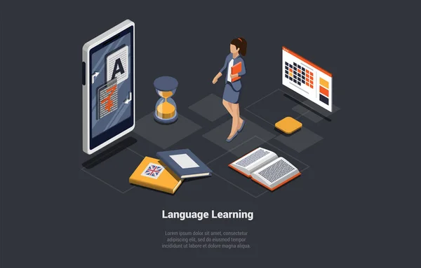 Language Learn App Student Learn Foreign Language Online School Having — Stockvektor