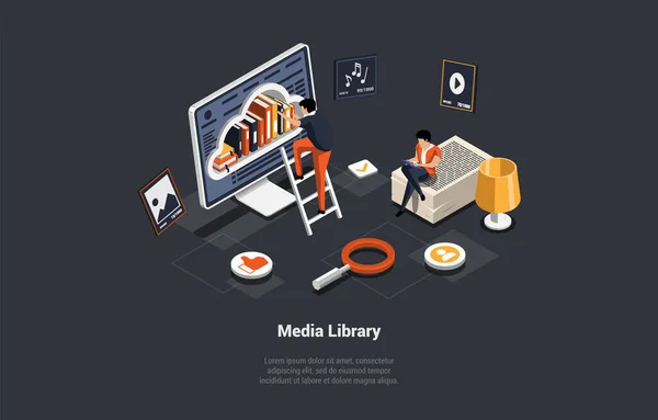Självlärande Och Mediebibliotek Karaktärssökning Bok Elektroniskt Bibliotek Moderna Digitala Bibliotek — Stock vektor