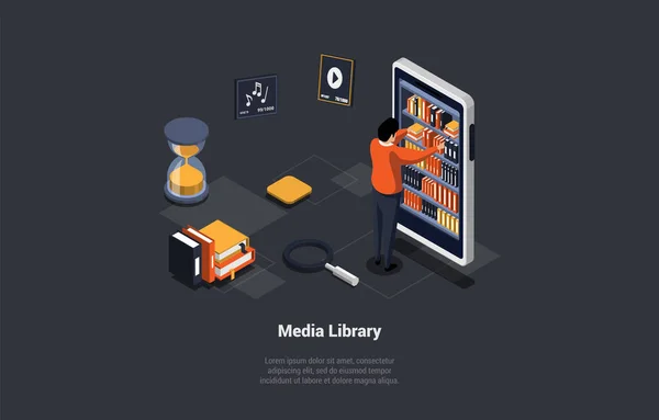 メディア図書館 モバイル電子図書館で本を探す少年 スマートフォンの画面と本のスタックと現代のデジタルライブラリ アイソメトリック3D漫画ベクトルイラスト — ストックベクタ