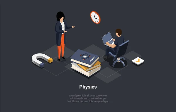物理学 教育学 科学の概念を学ぶ 男性キャラクターは巨大な磁石とブックスタックの近くのラップトップで動作します 科学者電気 磁気を探る アイソメトリック3Dベクトルイラスト — ストックベクタ
