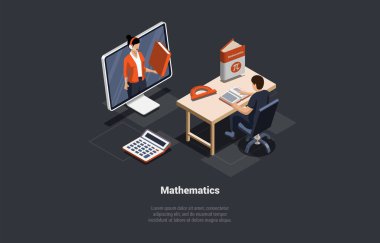 Matematik, Ders, Eğitim ve Bilim Konsepti. Masada oturan ve bilgisayar ekranında sanal öğretmenle matematik öğrenen bir öğrenci. Isometric 3d Vektör İllüstrasyonu.