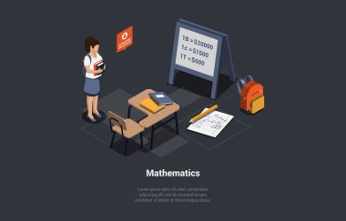 Matematik, Ders, Eğitim ve Fen. Ellerinde kitap olan öğrenci kız matematik sınavına hazır. Sırt çantası, Notlar Sınıfta Not Defteri. Isometric 3d Çizgi film Vektörü İllüstrasyonu.