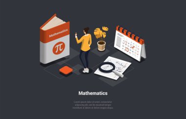 Matematik, Ders, Eğitim ve Bilim Konsepti. Matematik kitabının önündeki Pi logosu sayısı olan kadın. Takvim, Notlar Sınıfta Not Defteri. Isometric 3d Çizgi film Vektörü İllüstrasyonu.