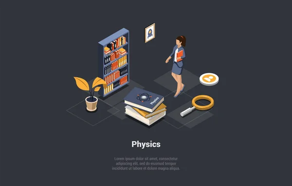 物理学 教育学 科学の概念を学ぶ 虫眼鏡とブックスタックの近くに本を持つ女性 女の子科学者は物理学を勉強し 電気を探る アイソメトリック3Dベクトルイラスト — ストックベクタ