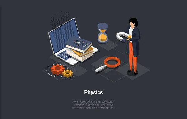 物理学 教育学 科学の概念を学ぶ 本や砂時計の近くに巨大な磁石を持つ女性 女の子科学者は物理学の法則を学ぶ アイソメトリック3D漫画ベクトルイラスト — ストックベクタ
