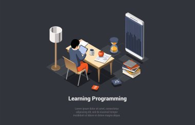 Programming And Coding Learning. Software Coding, Testing, Debugging. Mobile Apps Programming. SEO, Search Engine. Developer Learning Frontend Mobile Programming. Isometric 3d Vector Illustration. clipart svg vector 