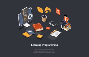 Programlama ve kodlama öğrenme kavramı. Yazılım Kodlama, Deneme, Hata Ayıklama. Ön Uç ve Arka Uç Uygulama Programı. Seo, Arama Motoru. Tabletteki adam kodlanıyor. Isometric 3d Vektör İllüstrasyonu.