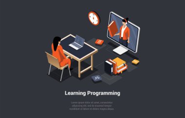 Programlama ve Kodlama Öğrenme. Yenilikçi Büyük Veri Çözümleri, Araçlar, Programlama ve Bilgi. Kız öğrenci sanal öğretmenle kodlamayı ve programlamayı öğreniyor. Isometric 3d Vektör İllüstrasyonu.
