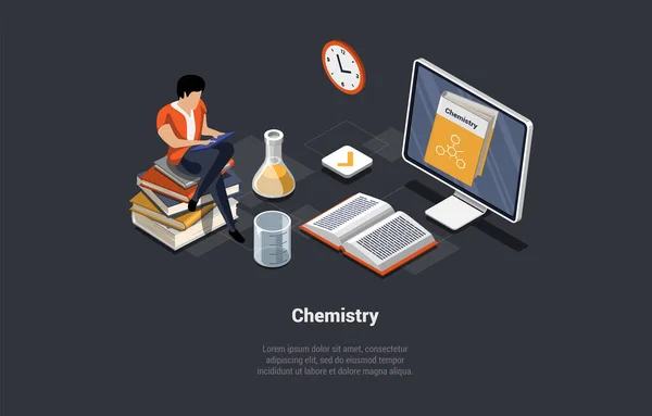 Chemiestudium Fach Bildung Online Kurse Männliche Schriftzeichen Lesen Chemielehrbuch Das — Stockvektor