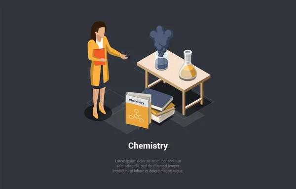 化学学习 网上科学课程的概念 女性角色站在靠近桌子的地方 带着装有试剂的酒瓶 学校教育系统 等距3D矢量说明 — 图库矢量图片