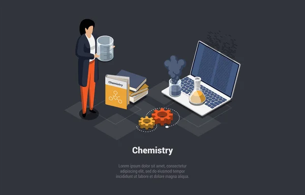 Chemiestudium Fach Bildung Online Kurse Mädchen Steht Zwischen Chemie Gegenständen — Stockvektor