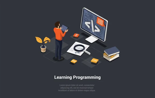Programmering Och Kodning Lärande Koncept Programvarukodning Testning Felsökning Mobilappar Programmering — Stock vektor