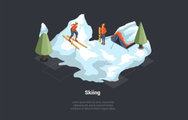 Kış tatili ve kayak tatili kavramı. Kar Damlı Lüks Kayak Tatil Oteli. Kadın ve erkek birlikte yokuş aşağı kayıyorlar. Karla kaplı çadır kampı. Isometric 3D Çizgi Film Vektörü Resimleri.