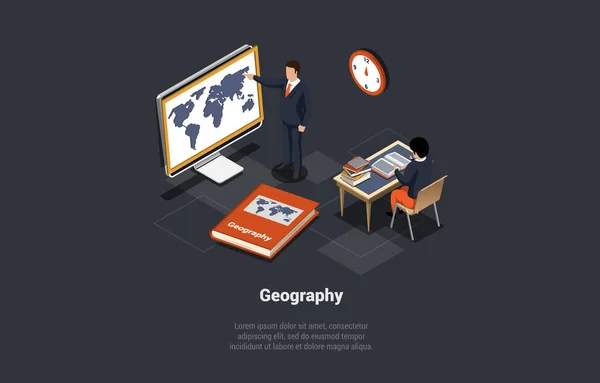 Géographie Étudier Matière Éducation Science Concept Personnage Masculin Enseignant Debout — Image vectorielle