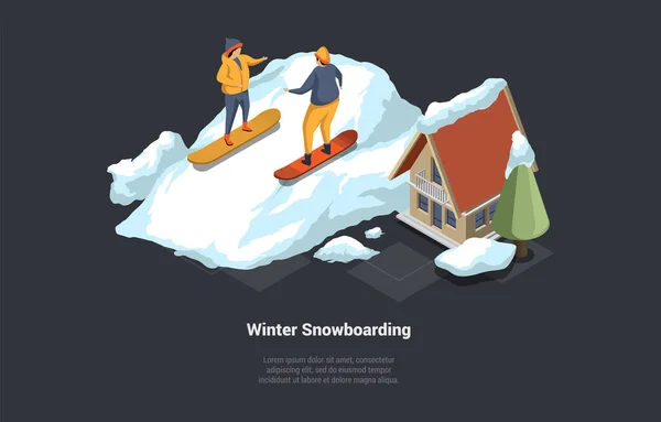 Winterurlaub Und Skiurlaub Winterlandschaft Luxus Skigebiet Hotel Mit Verschneiten Dächern — Stockvektor